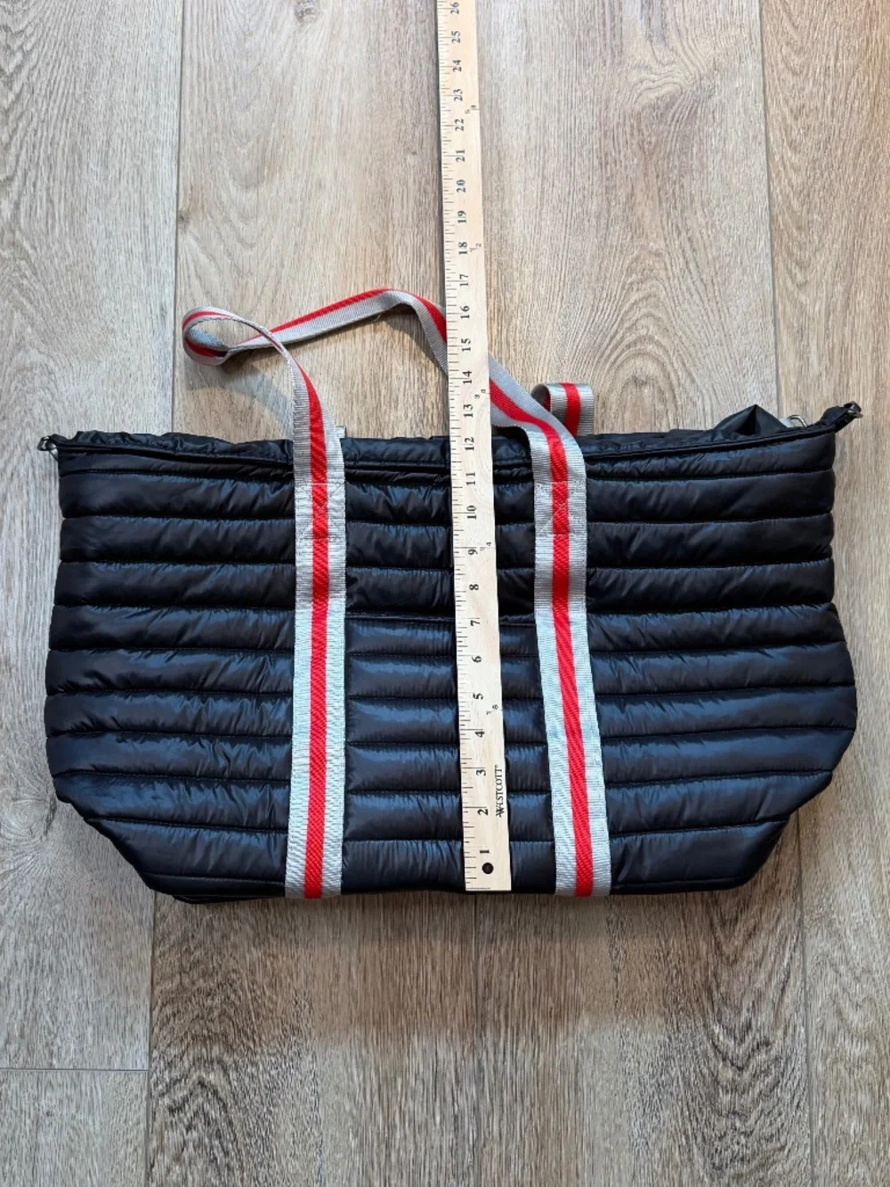 Think Royln Wingman Quilted Puffer Tote Black Red Silver Stripe